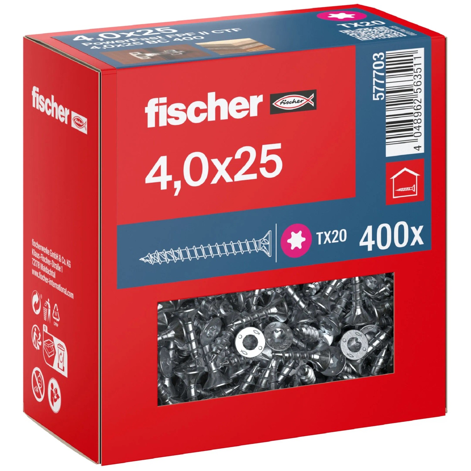 Fischer Schraube PowerFast II Senkkopf TX Vollgewinde Ø 4 x 25 mm 400 Stk