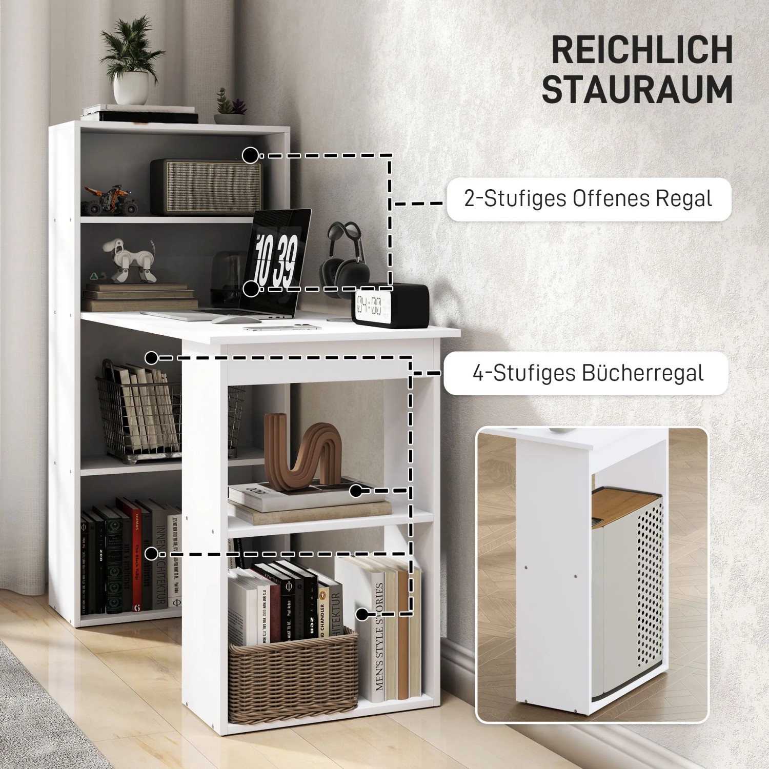 Weißer HOMCOM Schreibtisch mit Regal, Laptoptisch und Büroregal mit viel Stauraum.