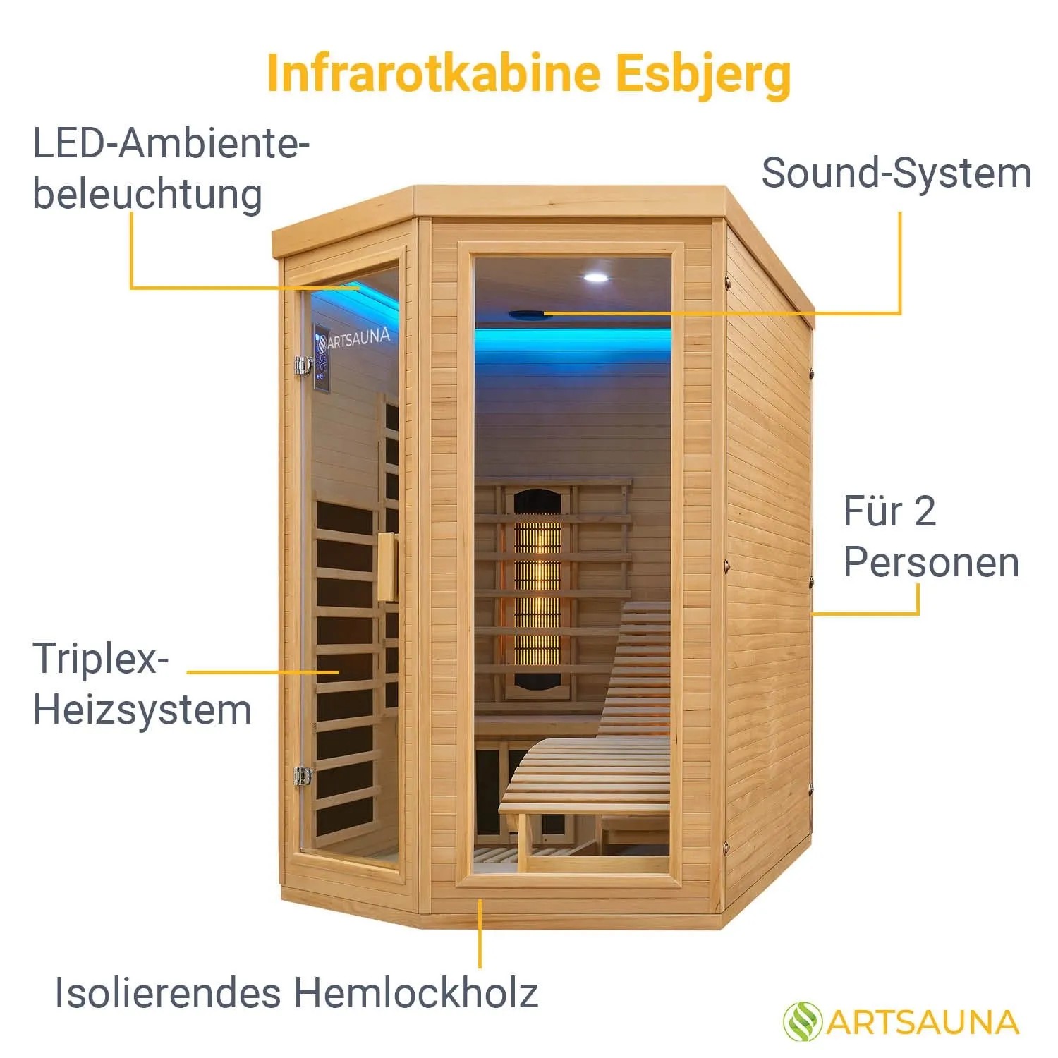 Artsauna Infrarotkabine Esbjerg aus Hemlockholz mit Triplex Heizsystem für 2 Personen.