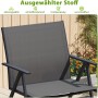 Grauer Gartenstuhl im Detail: atmungsaktiver, schnelltrocknender Stoff, stabiler Metallrahmen. Ideal für Terrasse.