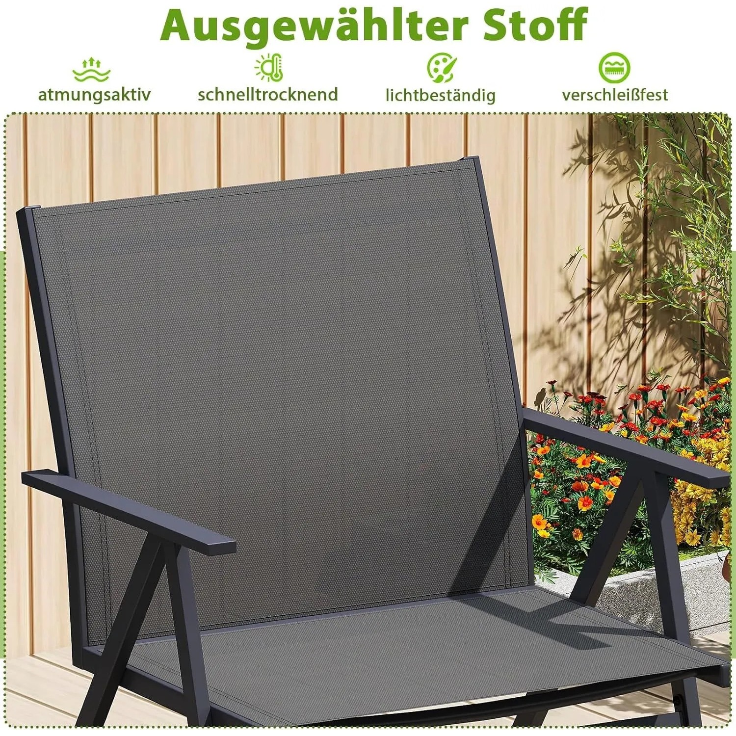Grauer Gartenstuhl im Detail: atmungsaktiver, schnelltrocknender Stoff, stabiler Metallrahmen. Ideal für Terrasse.