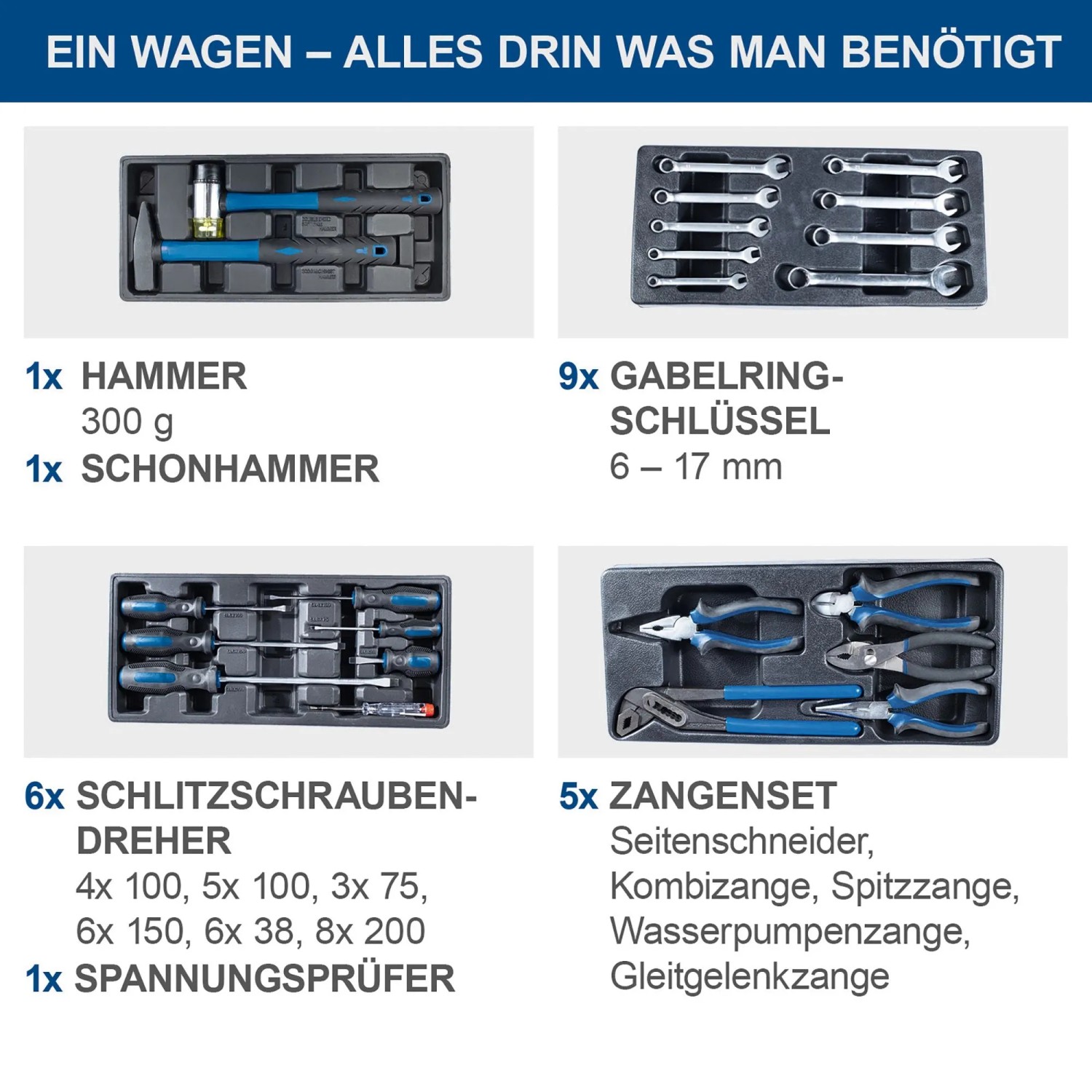 Werkzeugsortiment im Scheppach Werkstattwagen TW1100: Hammer, Schraubendreher, Zangen, Schlüssel.