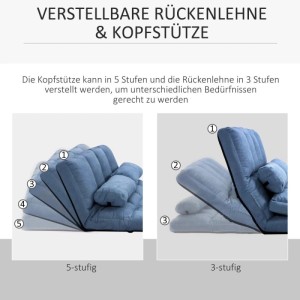 Blauer HOMCOM Bodenstuhl 2-in-1 Sofa mit verstellbarer Rückenlehne und Kopfstütze, zeigt 5- und 3-Stufen-Anpassung.