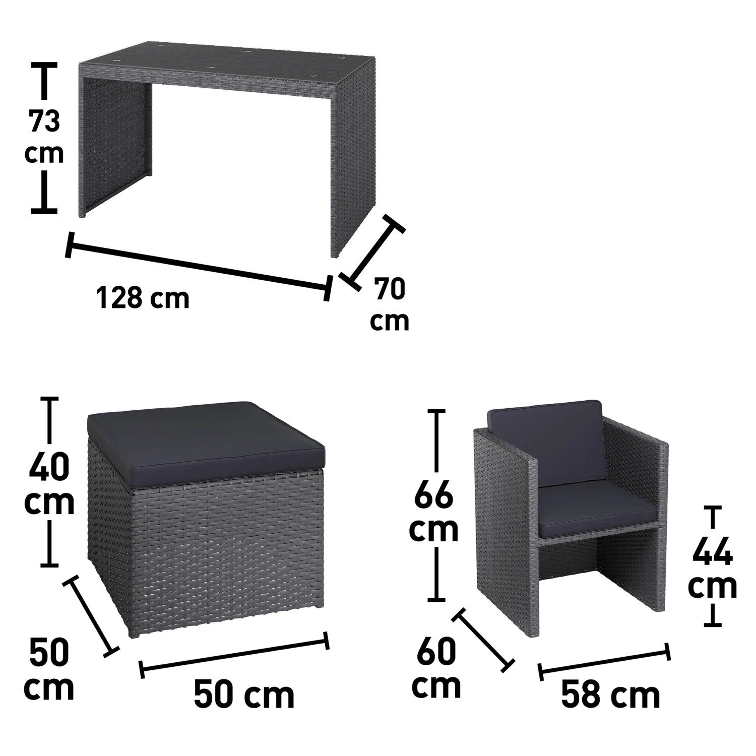 Balkonmöbel-Set Hazelton, 5-teilig, Grau, Polyrattan: Maße von Tisch, Sessel und Hocker.