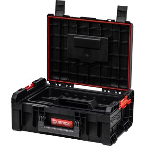 Offener, schwarzer Qbrick System Pro Werkzeugkoffer mit roter Dichtung. Modulare Werkzeugbox für Elektrowerkzeuge.