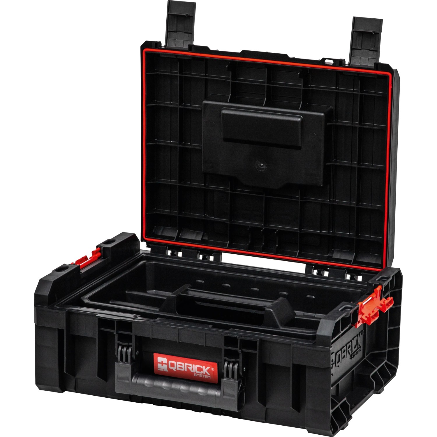 Offener, schwarzer Qbrick System Pro Werkzeugkoffer mit roter Dichtung. Modulare Werkzeugbox für Elektrowerkzeuge.