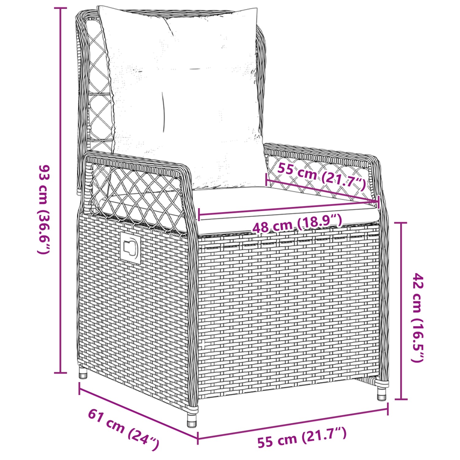 Skizze eines schwarzen vidaXL Gartenstuhls aus Polyrattan mit Maßen. Teil der 5-tlg. Essgruppe.