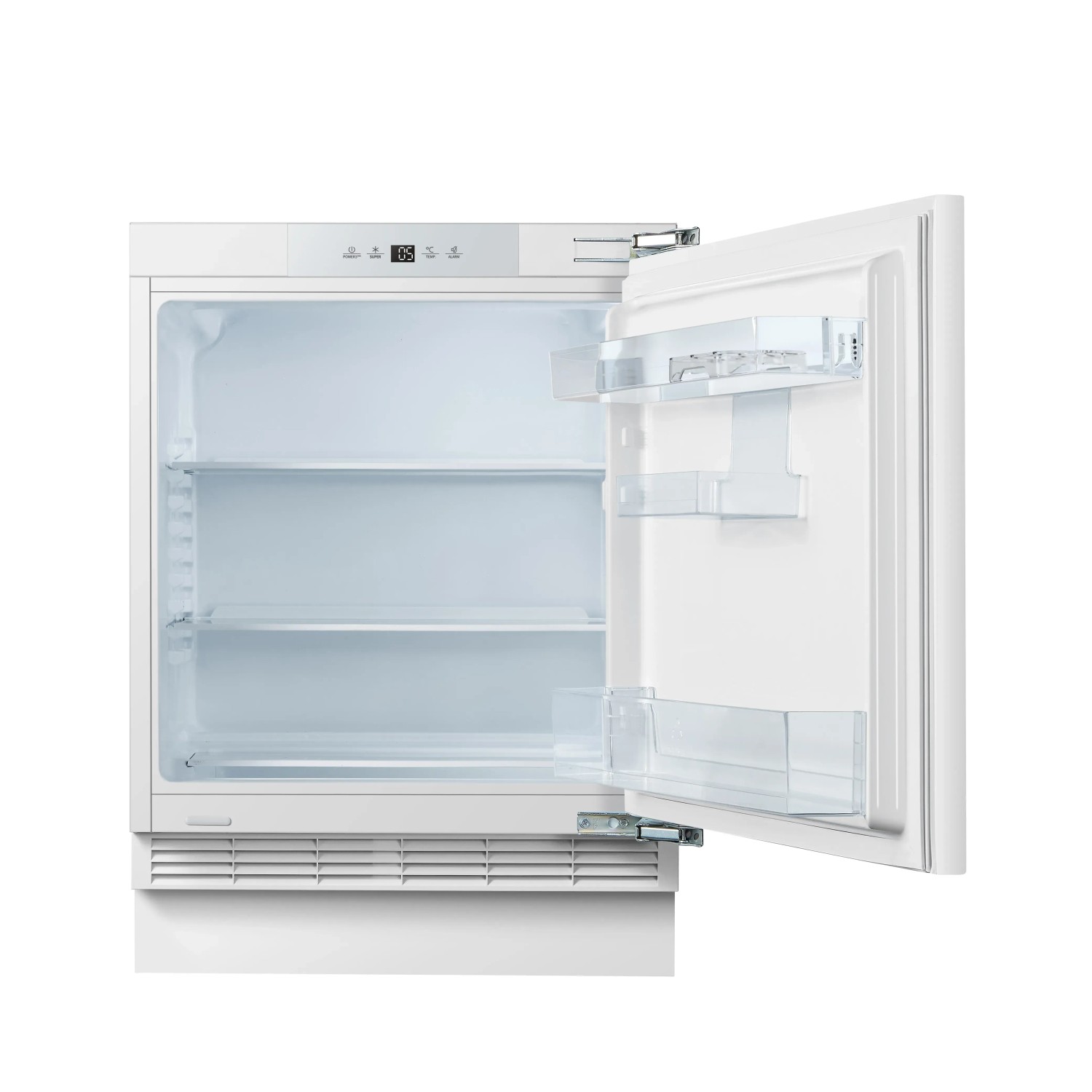 Offener, weißer PKM Unterbau-Kühlschrank KS133UBE mit Glasböden und LED-Beleuchtung.