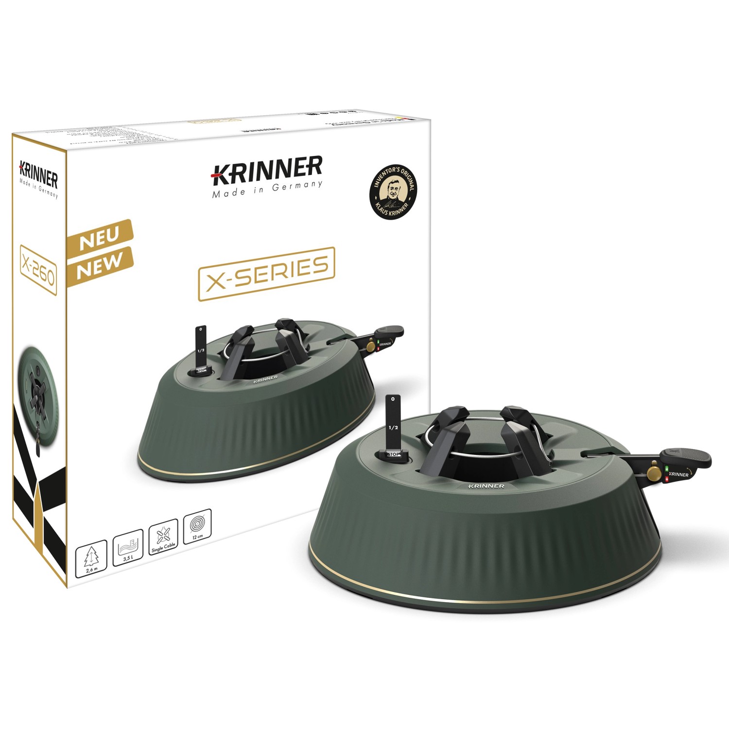 Krinner Christbaumständer X-260, grün mit Goldrand, mit Originalverpackung.