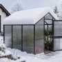 KGT Gewächshaus Anthrazit-Grau im verschneiten Garten. Rechteckiges Gewächshaus mit Doppelstegplatten, Pflanzen innen, offene Tür.