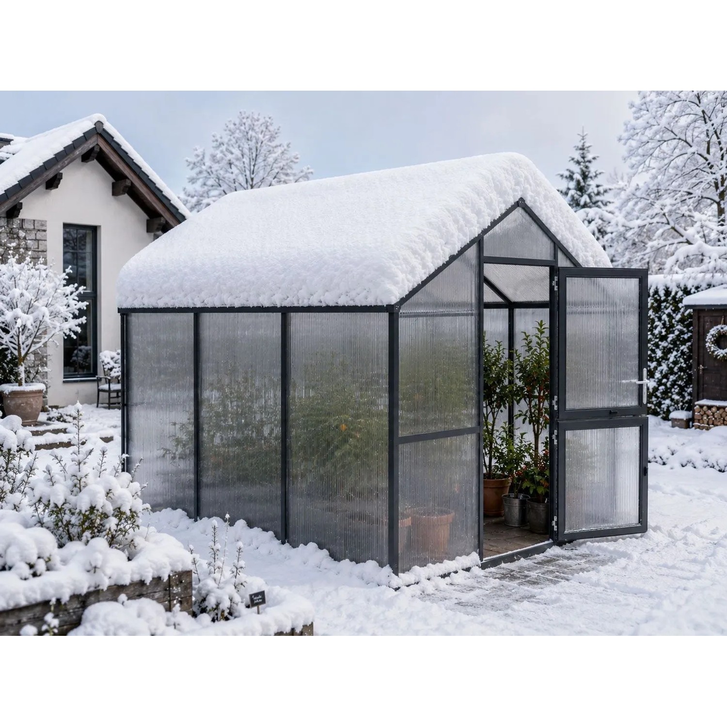KGT Gewächshaus Anthrazit-Grau im verschneiten Garten. Rechteckiges Gewächshaus mit Doppelstegplatten, Pflanzen innen, offene Tür.