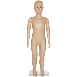 Beige Tectake Schaufensterpuppe aus Kunststoff, beweglich, 110 cm hoch, auf Glasplatte.