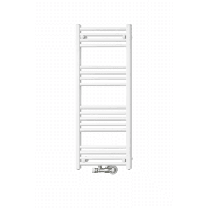 Weißer Kreabad Badheizkörper 1400x400 mit glänzendem Rundrohr Design und Mittelanschluss, ideal als Handtuchwärmer.