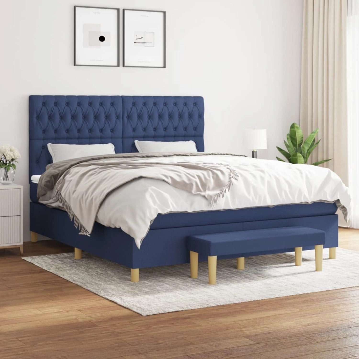 Blaues vidaXL Boxspringbett (180x200 cm) mit Matratze und Bank. Elegantes Stoffdesign für Schlafzimmer.