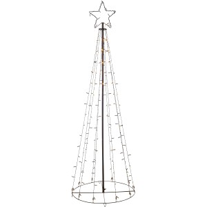 Schwarze LED Fahnenstangen-Lichterkette in 3D-Baumform, 175 cm hoch, mit warmweißen LEDs für Außen-Weihnachtsdeko.