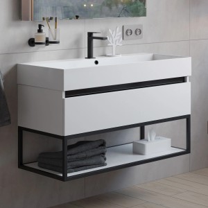 pianura Waschtisch mit Unterschrank, weiß matt, 100 cm breit, mit Hahnloch. Einzelwaschtisch mit Stauraum.