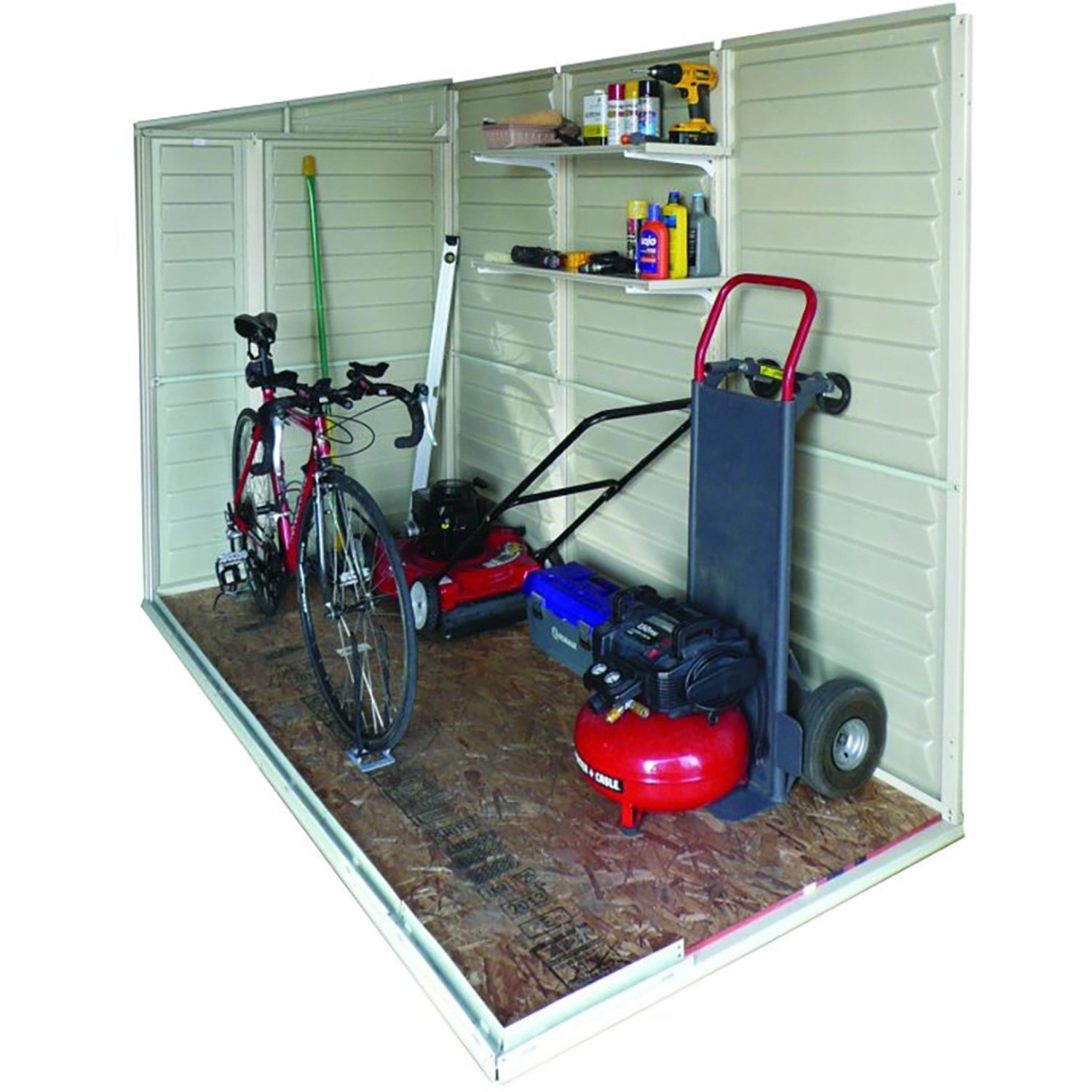 Offenes Duramax Kunststoff-Gartenhaus SideMate (3,6 m²) mit Gartengeräten wie Rasenmäher und Fahrrad.