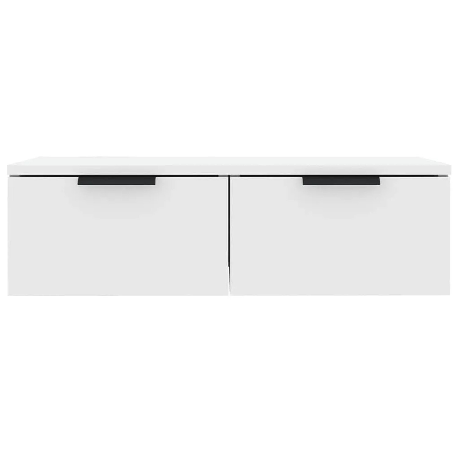 Weißer vidaXL Wandschrank aus Holzwerkstoff mit zwei Schubladen und schwarzen Griffen für Wohnzimmer.