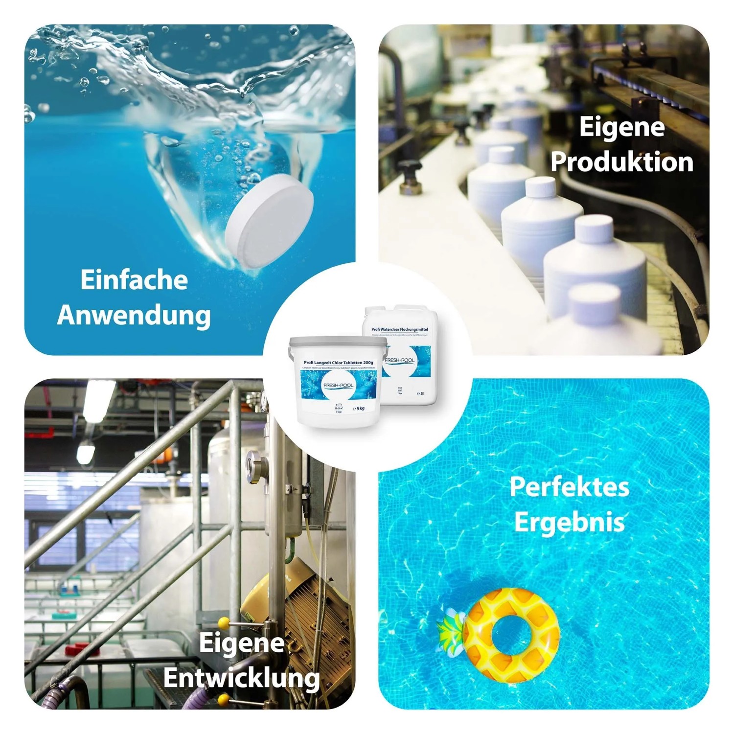 Fresh-Pool 5in1 Chlortabletten 200g, Anwendungsbeispiele und Produktionsstätten der Poolpflege Produkte.