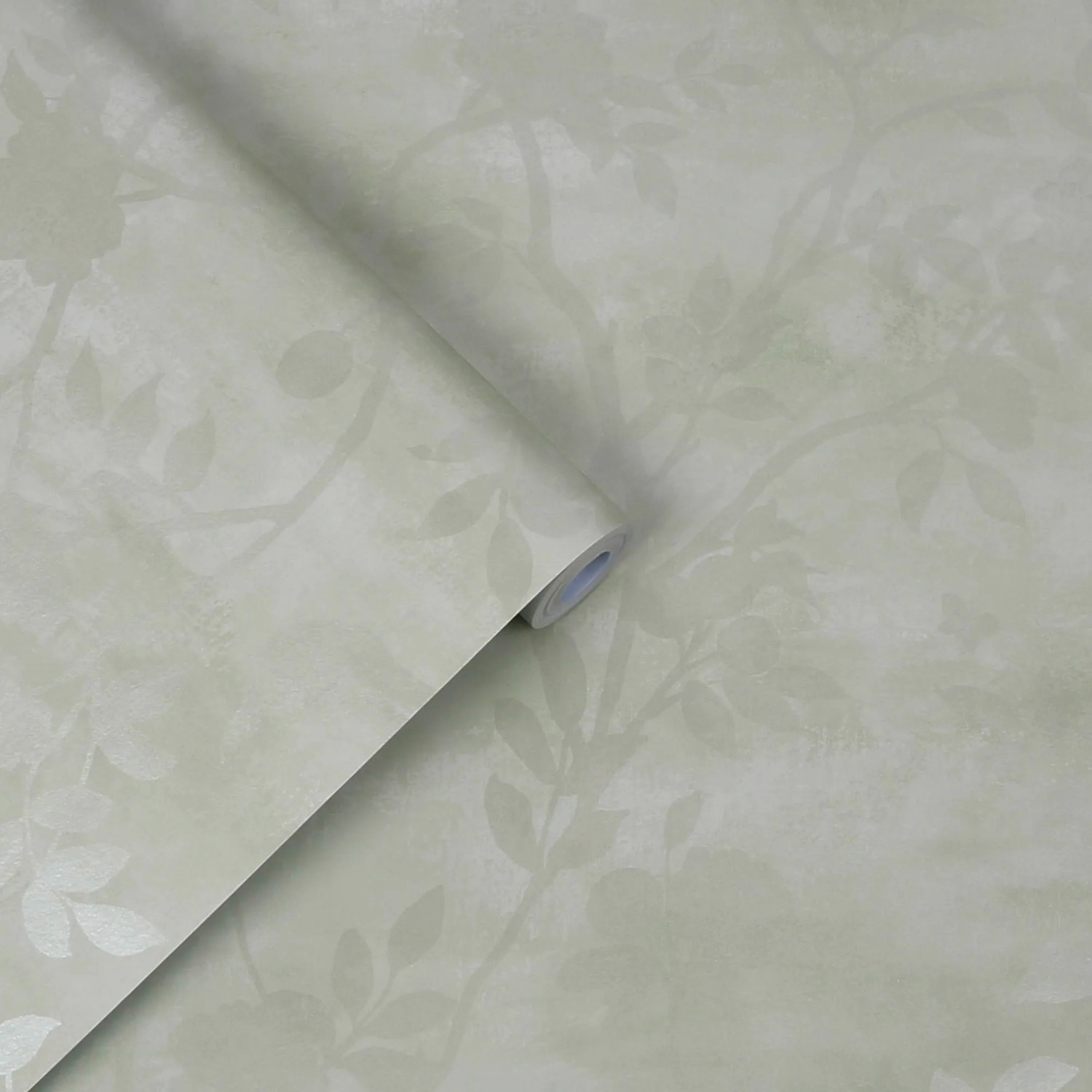 Laura Ashley Vliestapete Eglantine Silhouette Eau de Nil mit Kletterrosen und Glimmer-Effekt.