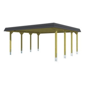 Skan Holz Doppelcarport Spreewald mit Walmdach und schwarzer Blende, Holzkonstruktion.