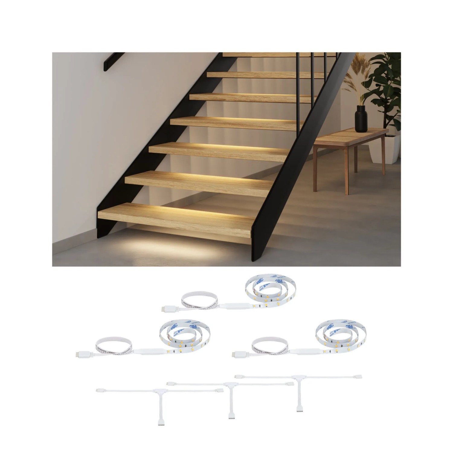 Paulmann MaxLED Stair LED-Strip-Erweiterung: 3x 0,5m LED-Streifen und Verteiler. Beleuchtete Holztreppe mit warmweißem Licht.