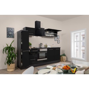 Respekta Premium Küchenzeile 240 cm, Schwarz Hochglanz/Eiche Grau, mit E-Geräten und Apothekerschrank.