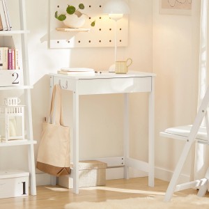 Weißer SoBuy Schreibtisch FWT43-W mit Schublade und Haken. Ideal für kleine Räume.