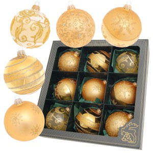 9 goldene Weihnachtskugeln (8cm) von Krebs Glas Lauscha mit Schneeflocken und Ornamenten.