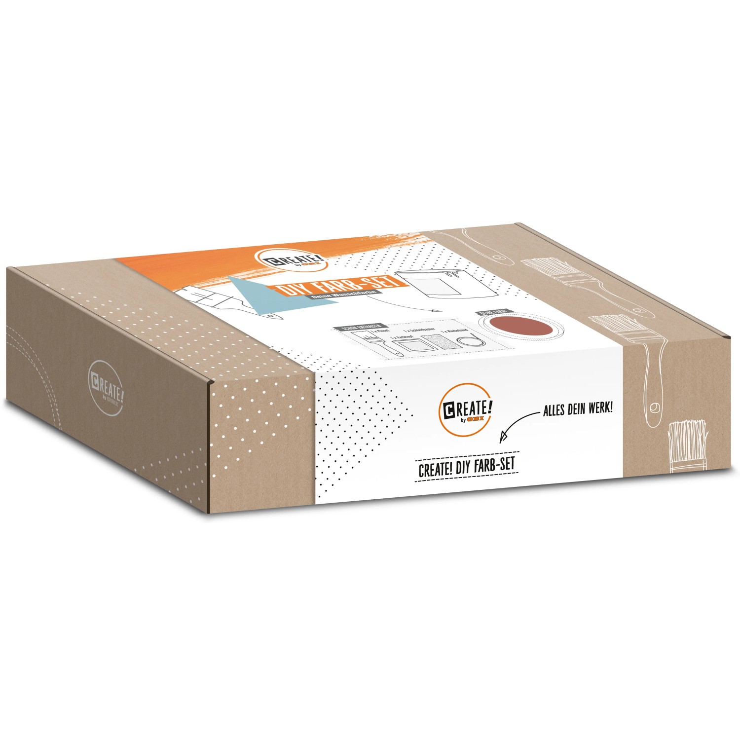 CREATE! by OBI DIY Farb-Set Lachsrosa, Karton mit Farbdose, Pinsel, Kreppband und Schleifpapier.