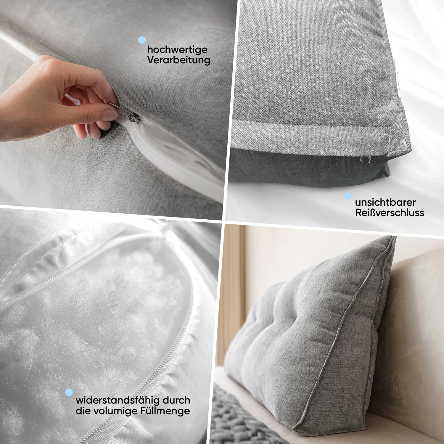 Graues Björn&Schiller Rückenkissen 70cm mit waschbarem Bezug, Detailansichten.