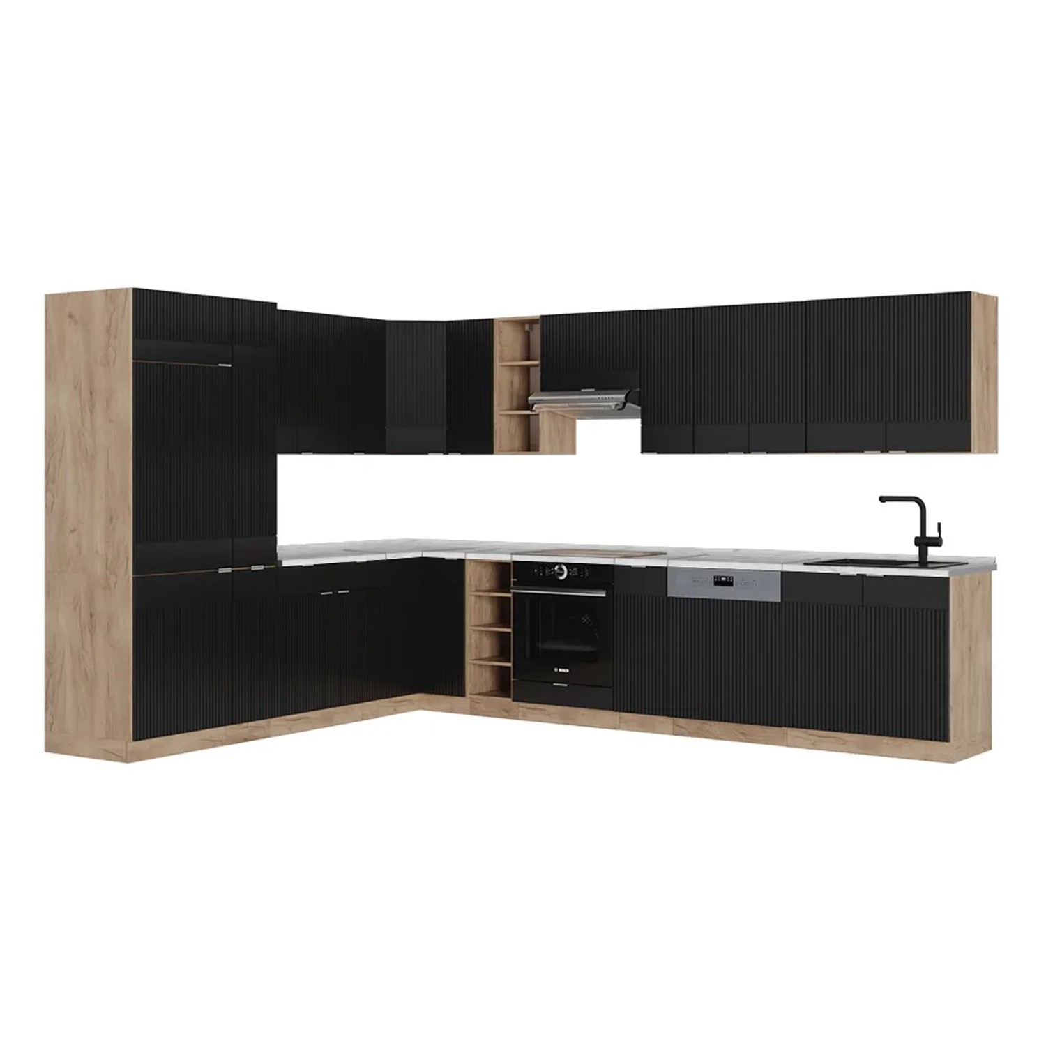 Vicco Fame-Line Eckküche Schwarz gestreift/Goldkraft Eiche 347 x 257 cm AP Marmor ohne E-Geräte