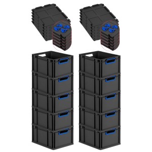 PROREGAL SparSet: 10 schwarze Euroboxen mit blauen Griffen und Auflagedeckel, gestapelt.
