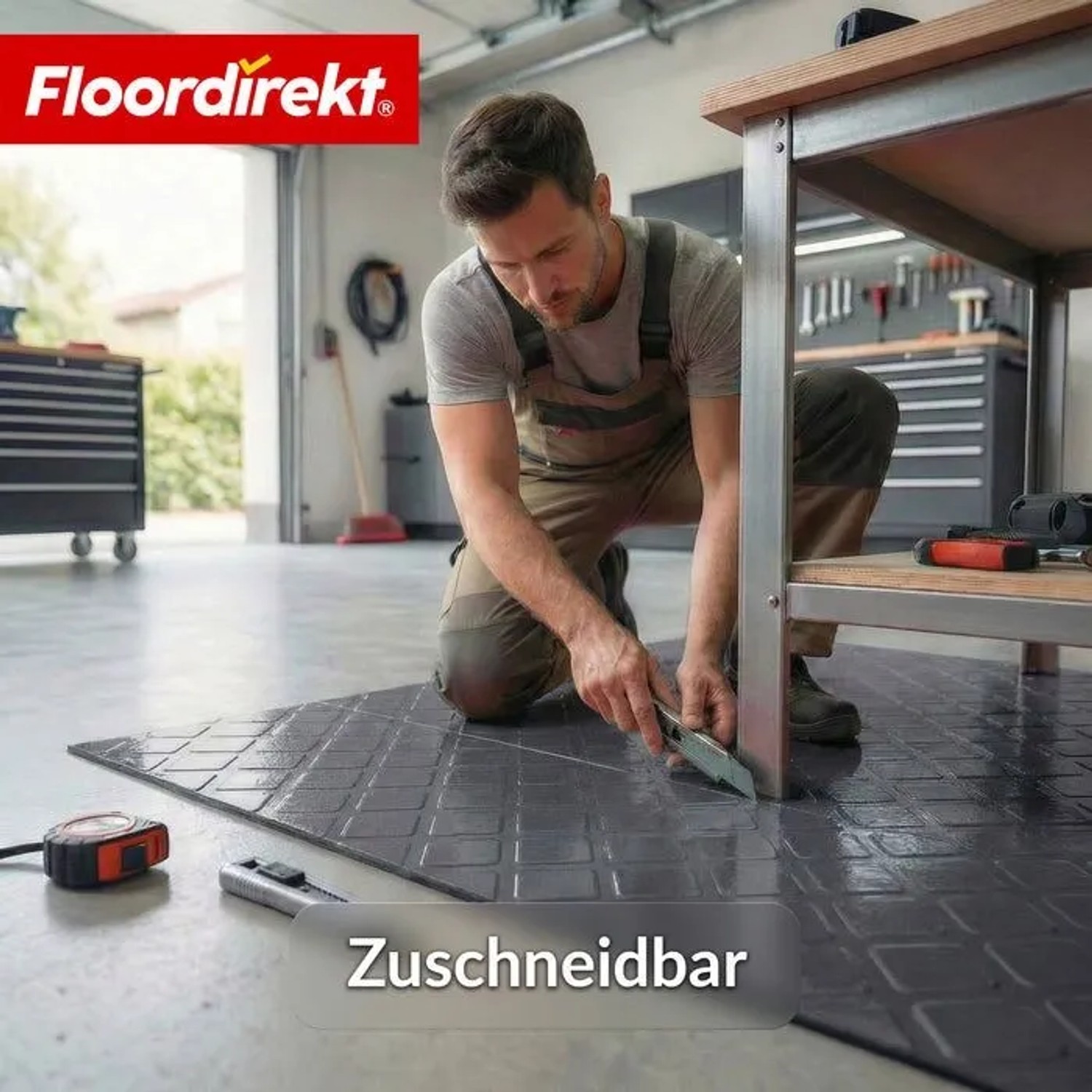 Dunkelgrauer PVC-Bodenbelag mit Quadratmuster wird in einer Werkstatt zugeschnitten.