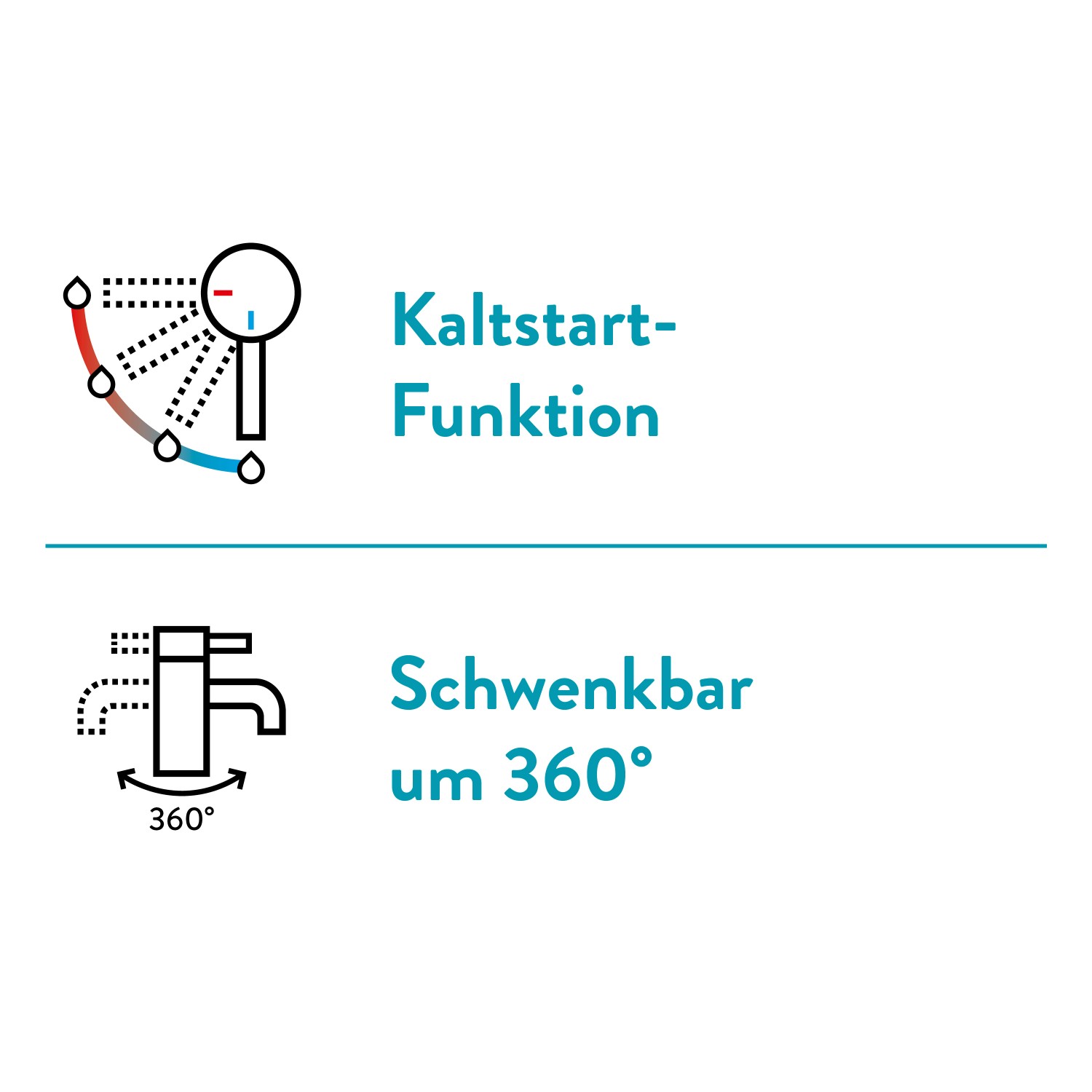Features der baliv Küchenarmatur KI-1830: Kaltstart-Funktion und 360° Schwenkbereich.