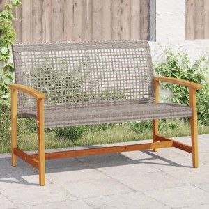 Graue Gartenbank aus Polyrattan und Akazienholz, 112 cm breit.