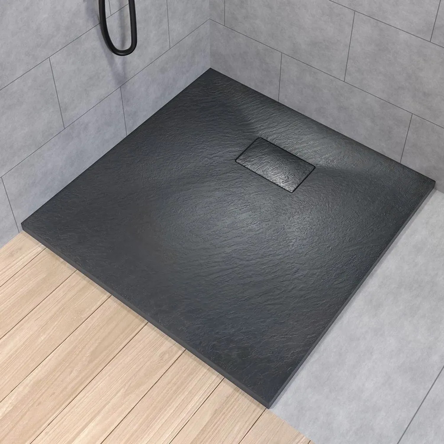 Quadratische Duschwanne VIDAR 90x90 aus Verbundwerkstoff, Schwarz, Steinoptik, mit Ablauf, bodenbündig.