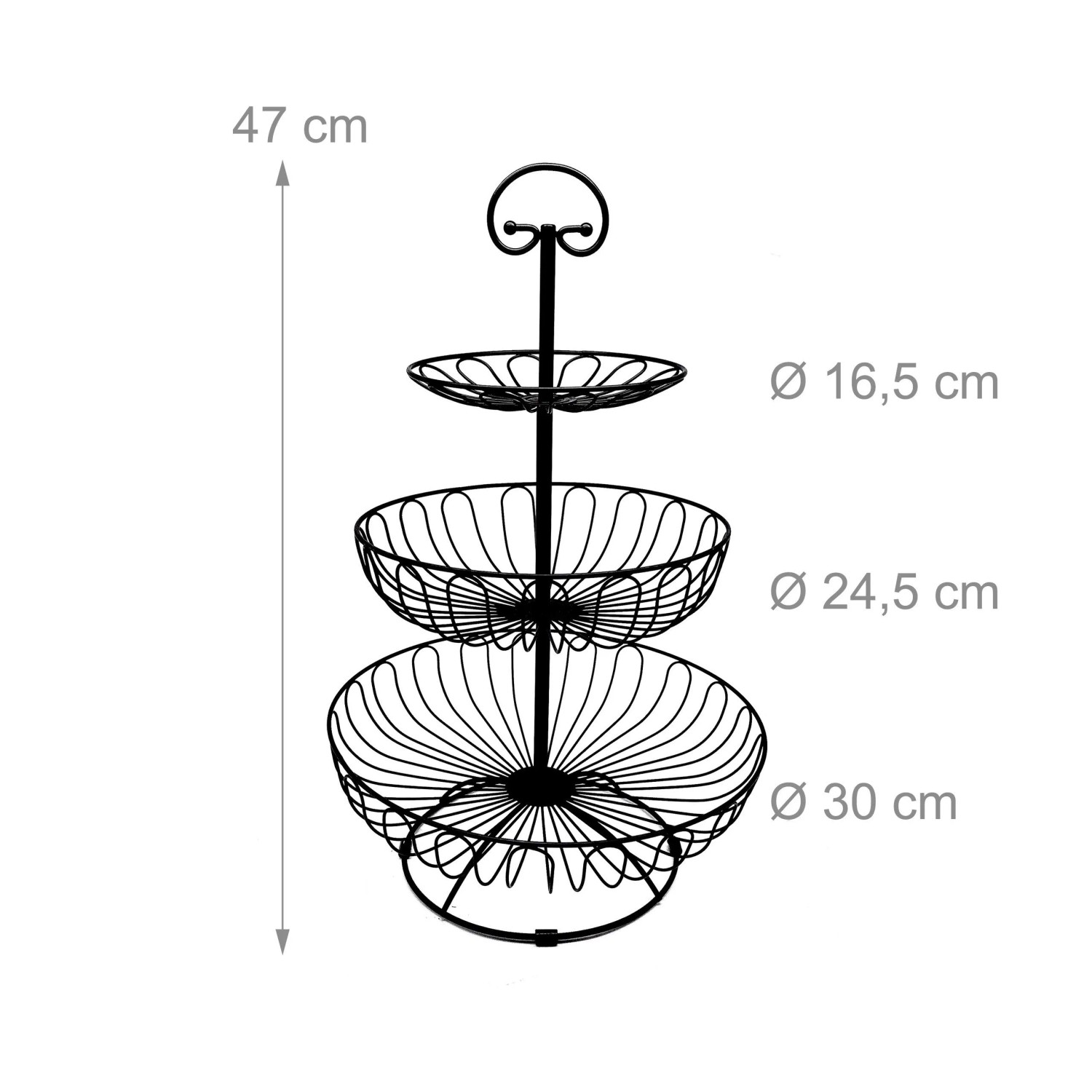 Schwarze 3-stöckige Obst Etagere aus Eisen mit Draht-Design, 47 cm hoch, für Obst & Gemüse. Küchenhelfer.