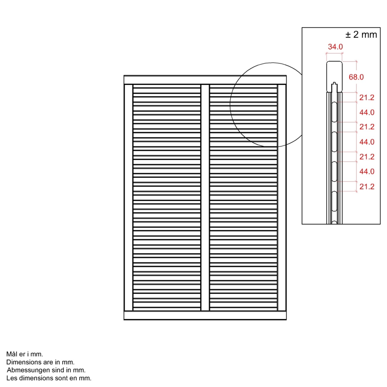 Technische Zeichnung eines Sichtschutzzauns Harmoni aus Nadelholz in Umbragrau, 120x180 cm, mit Detailansicht der Leisten.