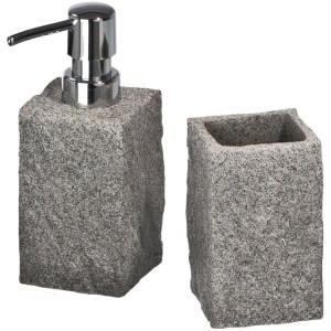 Wenko Bad-Accessoire-Set Granit, 2-teilig, grau: Seifenspender und Zahnputzbecher in Granit-Optik.