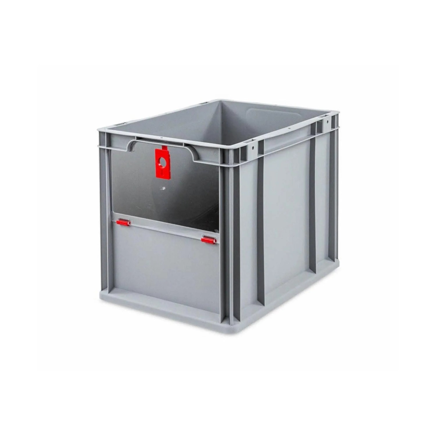 Graue Eurobox NextGen Insight Cover, 30 Liter, mit roter Entnahmeöffnung. Ideal zur Aufbewahrung und Transport.