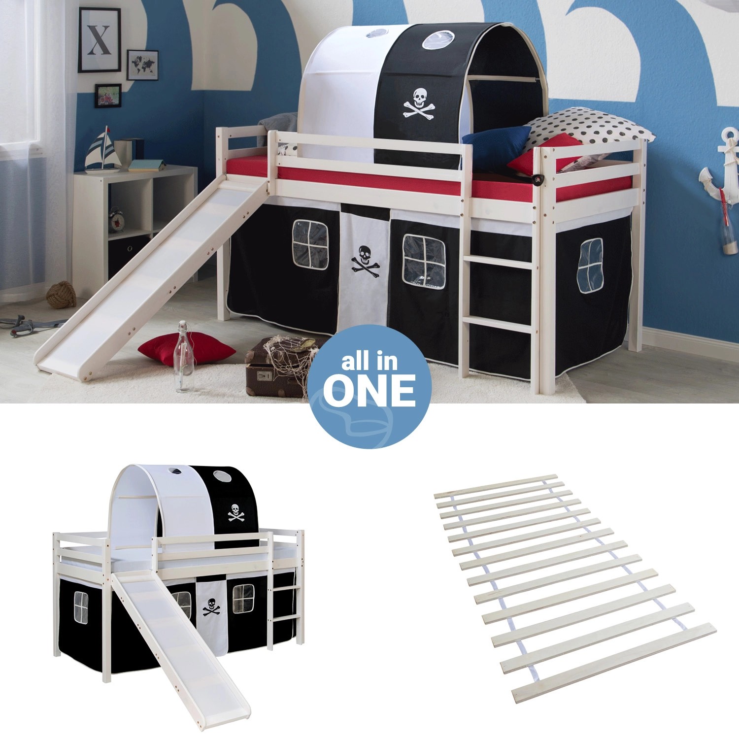 Homestyle4u Hochbett 90x200 mit Vorhang Lattenrost Rutsche Tunnel in Weiß P günstig online kaufen