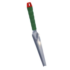 Galaflor Unkrautstecher aus Stahl mit grünem Kunststoffgriff und rotem Aufhängeloch, 35 cm lang.