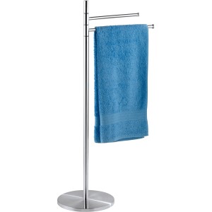Wenko Handtuchständer Pieno aus Edelstahl mit blauem Handtuch. Handtuchhalter mit 2 beweglichen Armen.