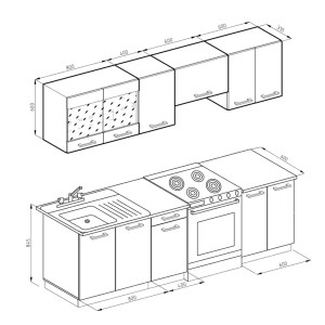 Skizze der anthrazitfarbenen Vicco Raul Küchenzeile (240 cm) mit AP Marmor und LED-Leisten.