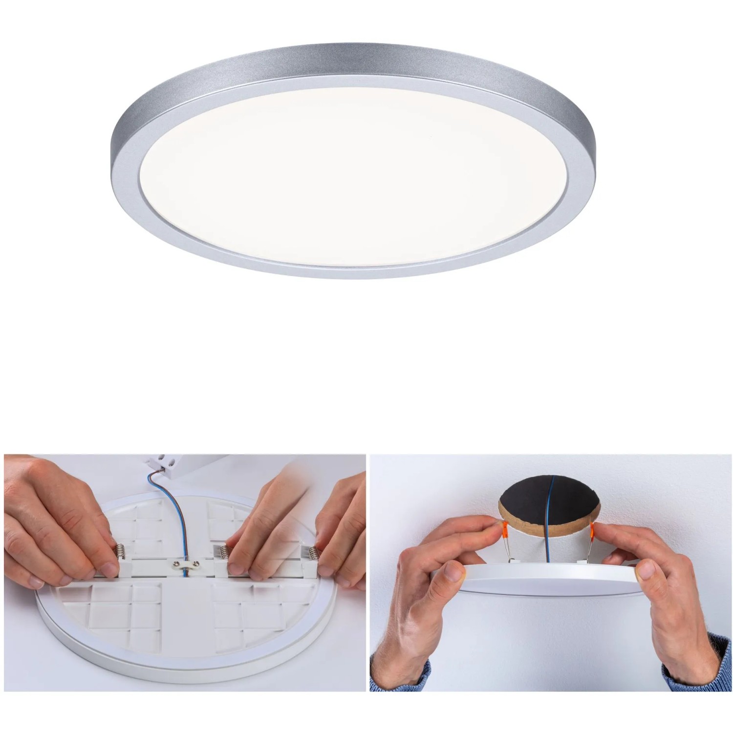 Paulmann Einbaupanel Areo, 13W, 4000K, chrom matt, mit Montagebeispielen.