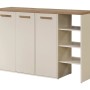 Beiger Schuhschrank Skaido mit heller Holzplatte, 3 Türen und 3 offenen Fächern. Moderne Schuhkommode 120 cm.