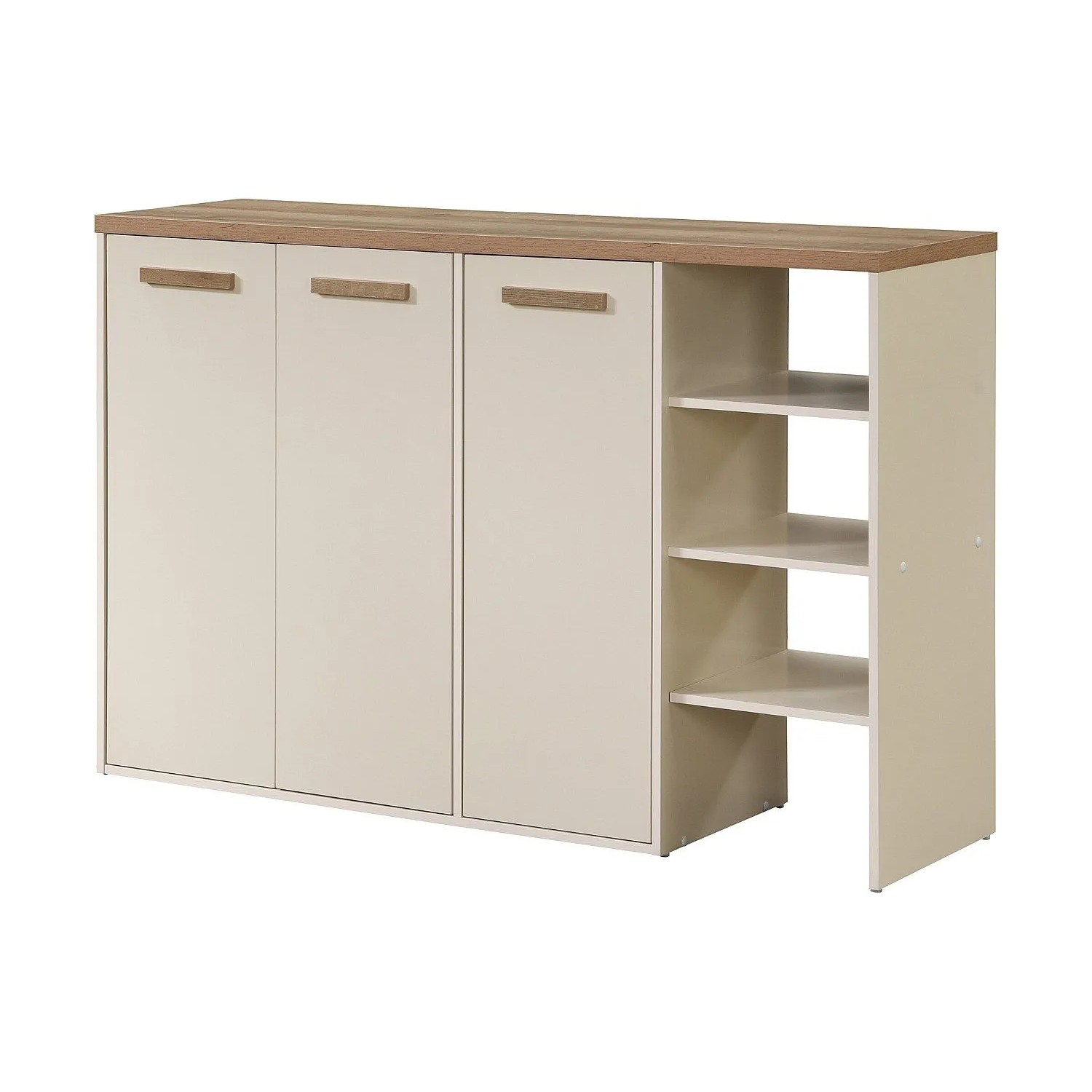 Beiger Schuhschrank Skaido mit heller Holzplatte, 3 Türen und 3 offenen Fächern. Moderne Schuhkommode 120 cm.