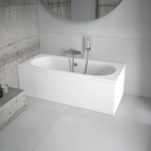 KOLMAN Rechteckbadewanne 150x75 cm aus Acryl, weiß, mit Styroporverkleidung, Ablauf & Füßen im modernen Bad.