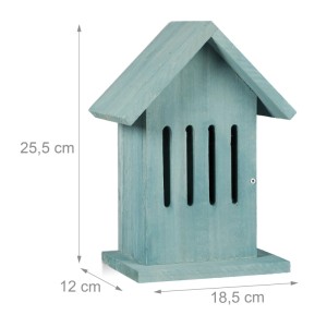 Türkises Schmetterlingshaus aus Holz mit Haken, 25,5x18,5x12 cm. Insektenhotel für Falter im Garten.